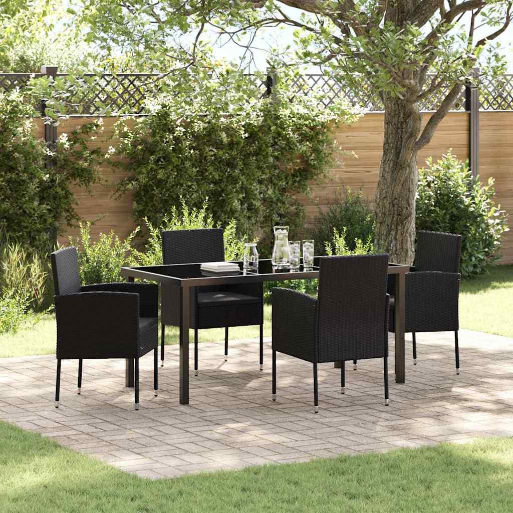 Have spisebordssæt i sort polyrattan med hynder - 5 dele, 4 pladser