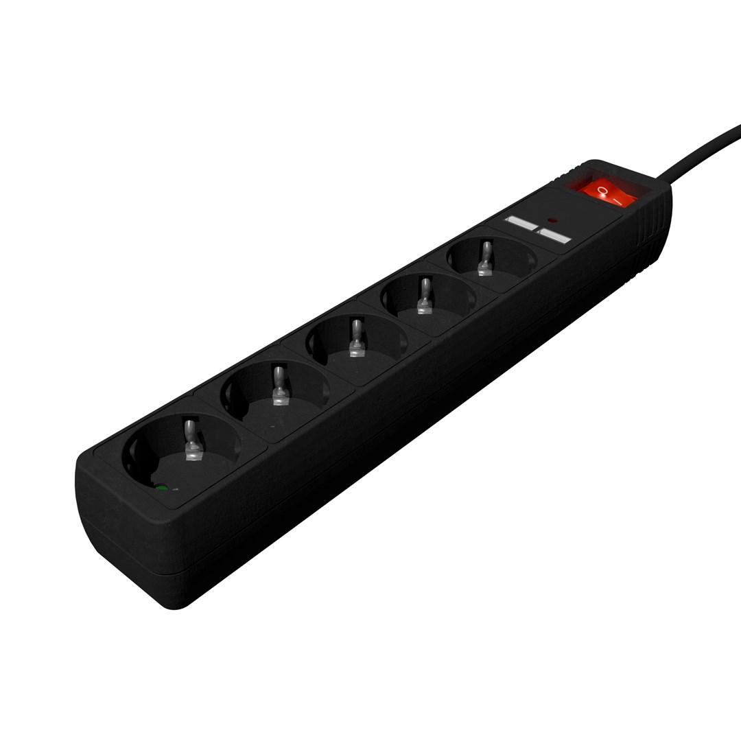 Gembird SPG5-U2-5-02 stikdåse med 5 udtag og 2x USB - 1,5 m, sort billede