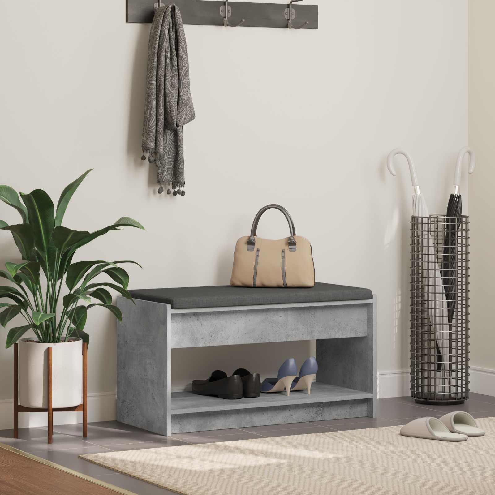 Hallbænk med pude - betongrå, 83 × 38 × 45 cm, kunstigt træ og stof
