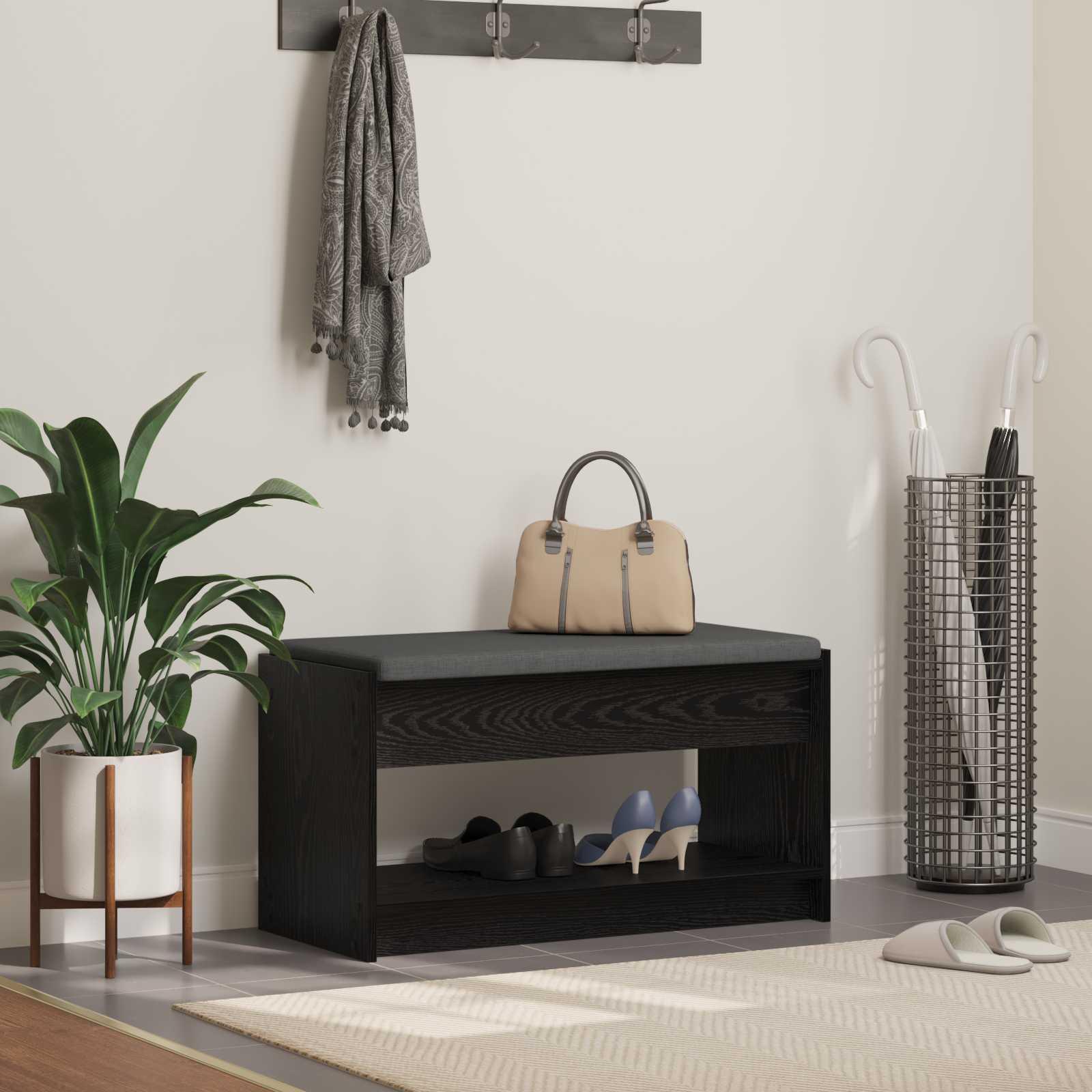 Hallbænk med pude Sort Eg 83 x 38 x 45 cm Kunstigt træ og stof