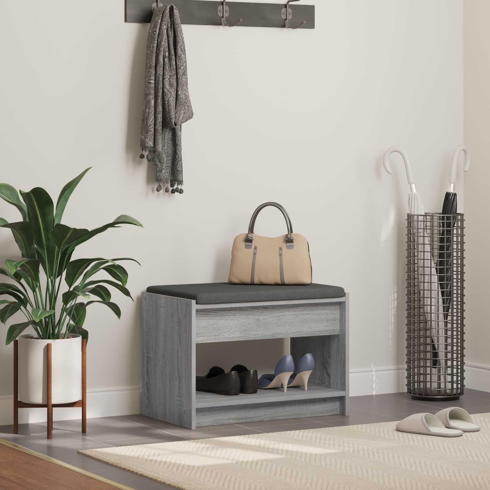 Hallbænk i grå sonoma - 63 × 38 × 45 cm, kunstigt træ med stofpude