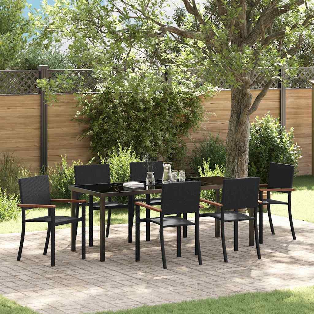 Have spisebordssæt 7 dele - sort poly rattan og pulverlakeret stål, bord 200 × 80 cm