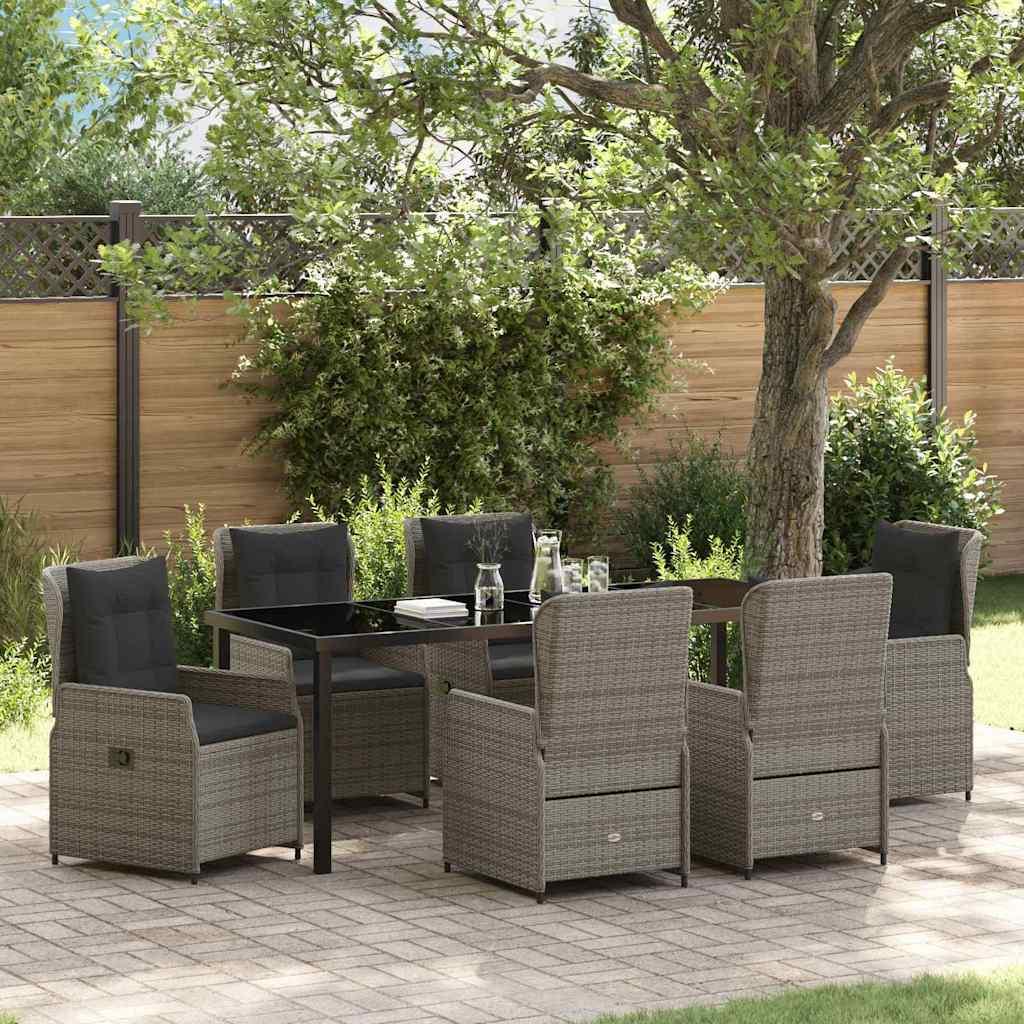 Have spisebordssæt i grå polyrattan - 7 dele med glasbord og justerbare stole
