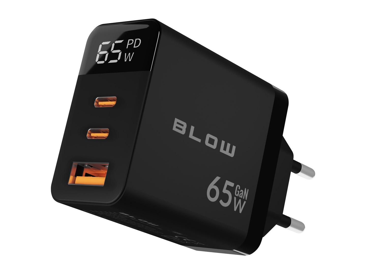 BLOW vægoplader 65 W GaN – 2× USB‑C PD 3.0 + USB, sort med wattmåler