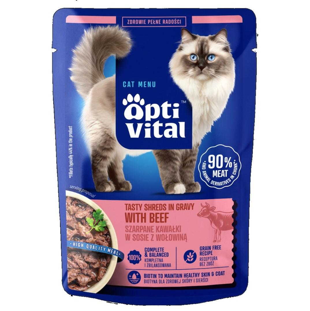 OptiVital vådfoder til kat – møre strimler i sauce med oksekød, 85 g