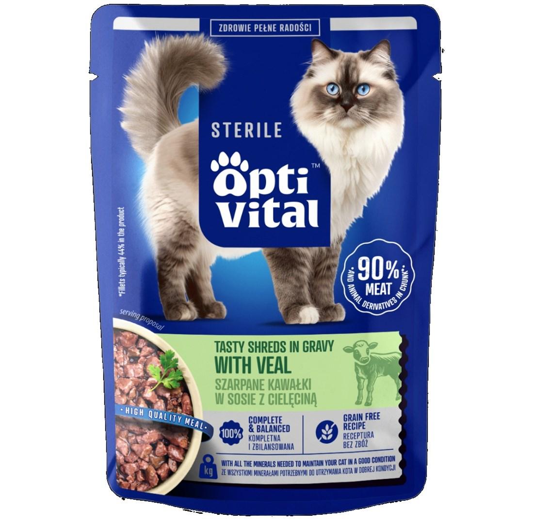 OptiVital Sterile – saftige strimler i sovs med kalvekød, vådfoder til kat – 85 g