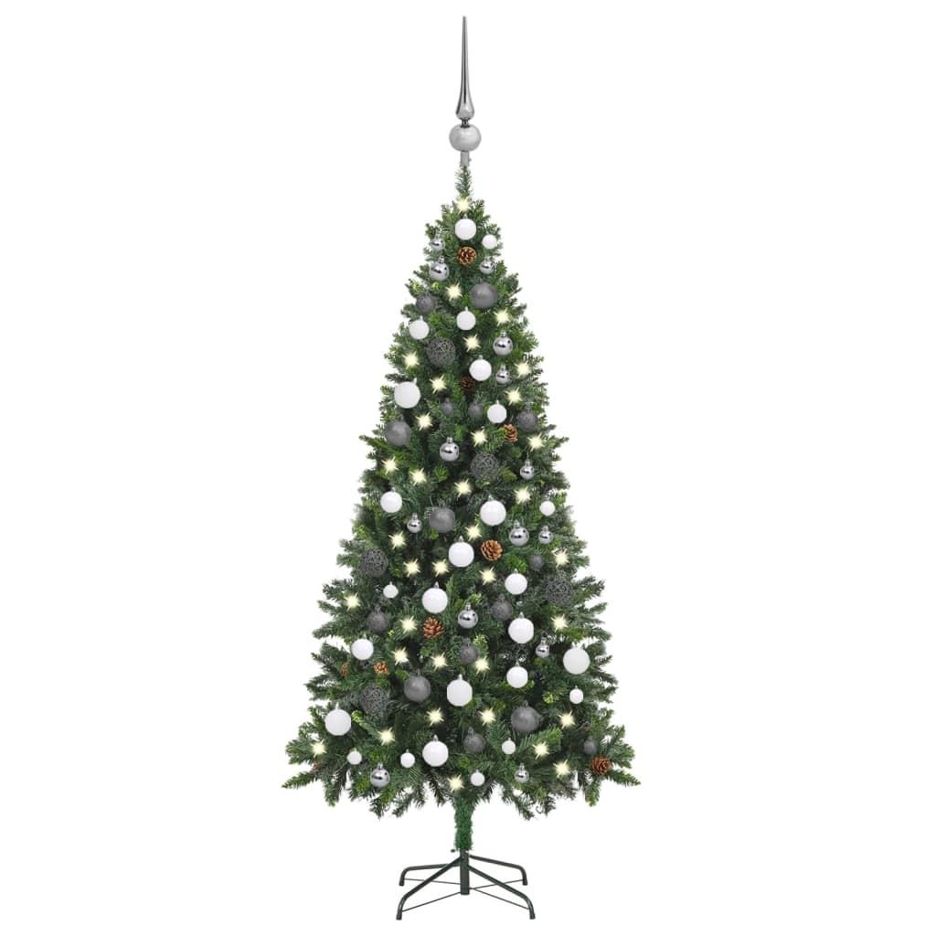 Kunstigt juletræ med LED-lys, kugler og grankogler - 180 cm