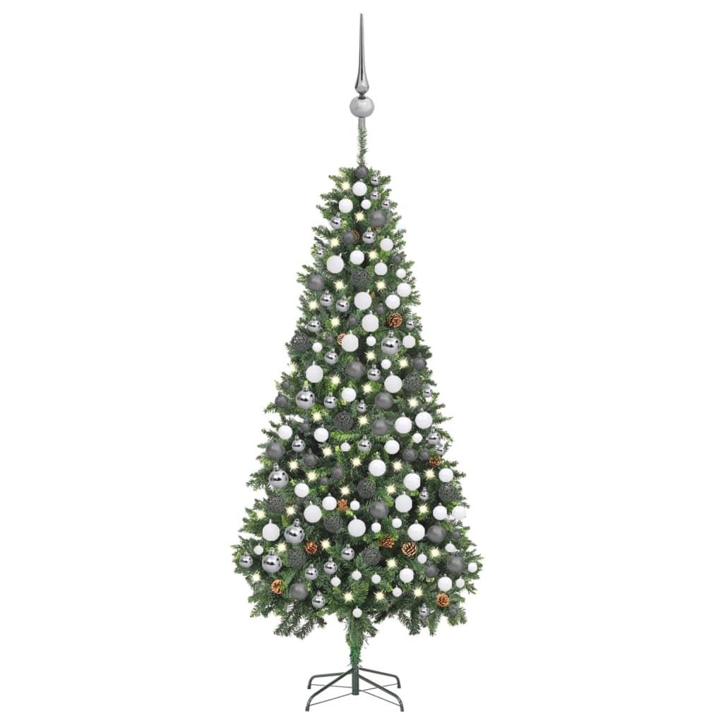Kunstigt juletræ med LED-lys, julekugler og grankogler - 210 cm
