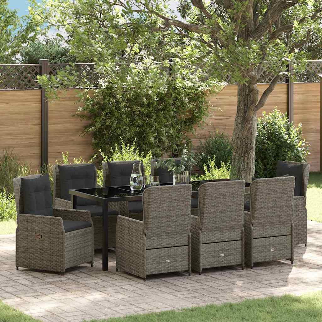 Have spisebordssæt i grå polyrattan - 9 dele med glasbord og reclinerstole