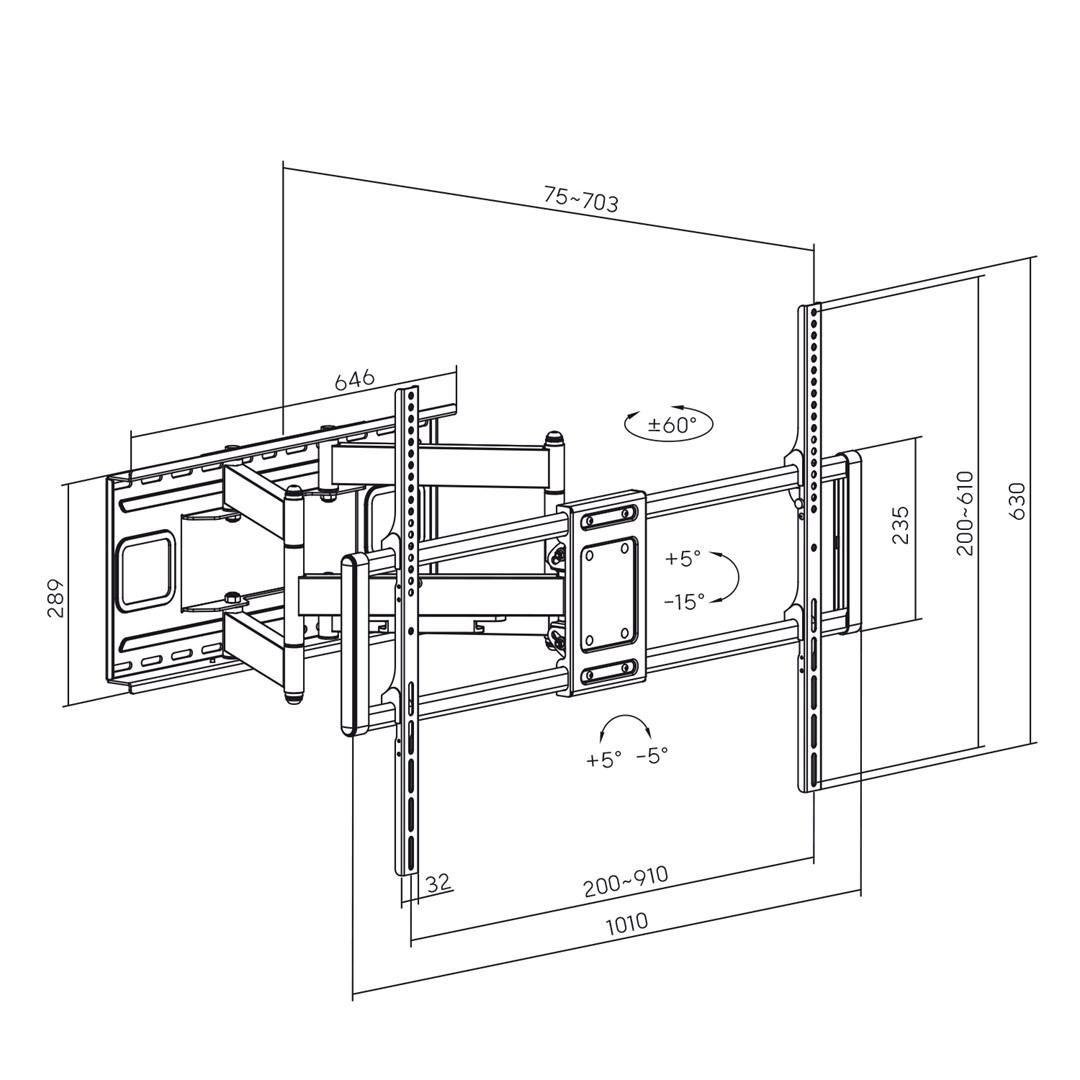 Maclean MC-482 vægbeslag til TV 60-120" - drej, tilt og rotation, max 120 kg, VESA op til 900×600