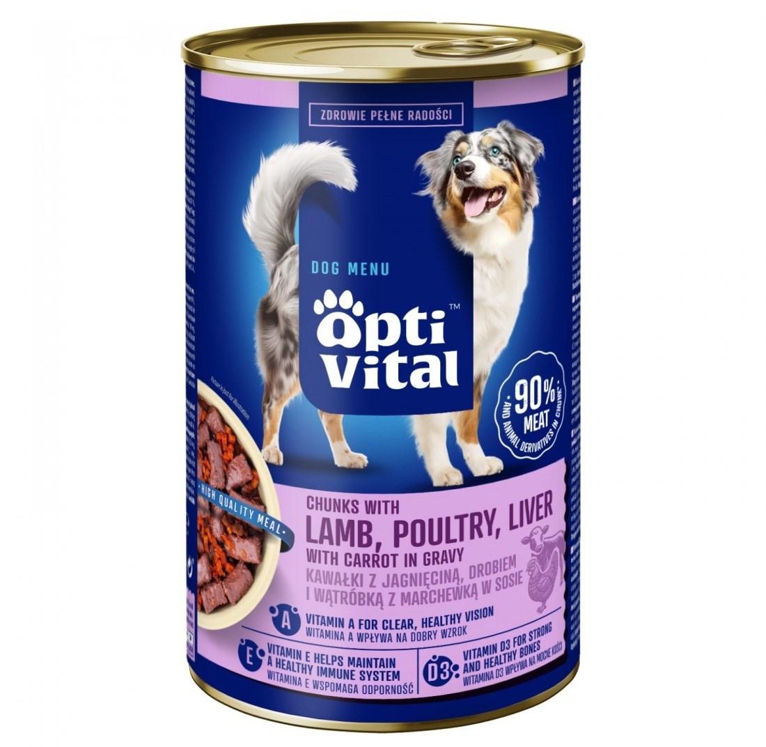 OptiVital vådfoder til hund – bidder med lam, lever og gulerod i sovs, 1,25 kg dåse