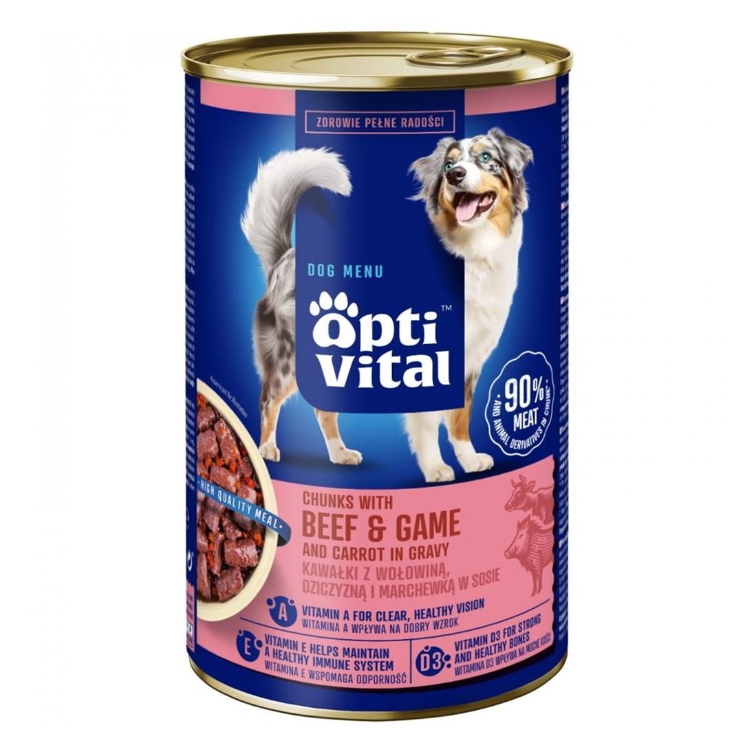 OptiVital vådfoder til hund – bidder med oksekød, vildt og gulerod i sauce, 1,25 kg