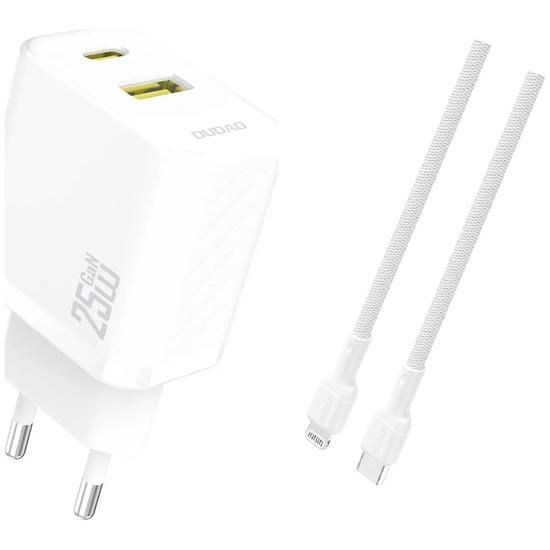 Dudao A26TEUL GaN vægoplader 25 W – USB-C + USB-A – inkl. 1 m USB‑C til Lightning – Hvid