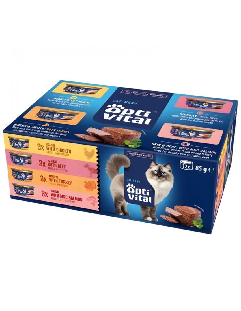 OptiVital Kattemenu mousse – oksekød, kylling, kalkun, laks – vådfoder 12×85 g