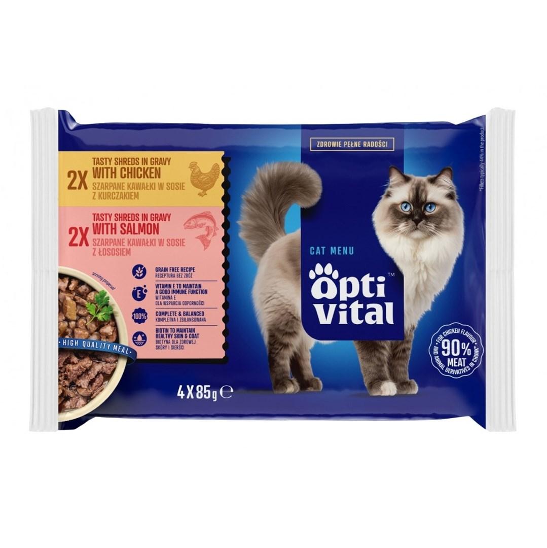 OptiVital Shreds i sauce med kylling og laks – vådfoder til kat – 4×85 g