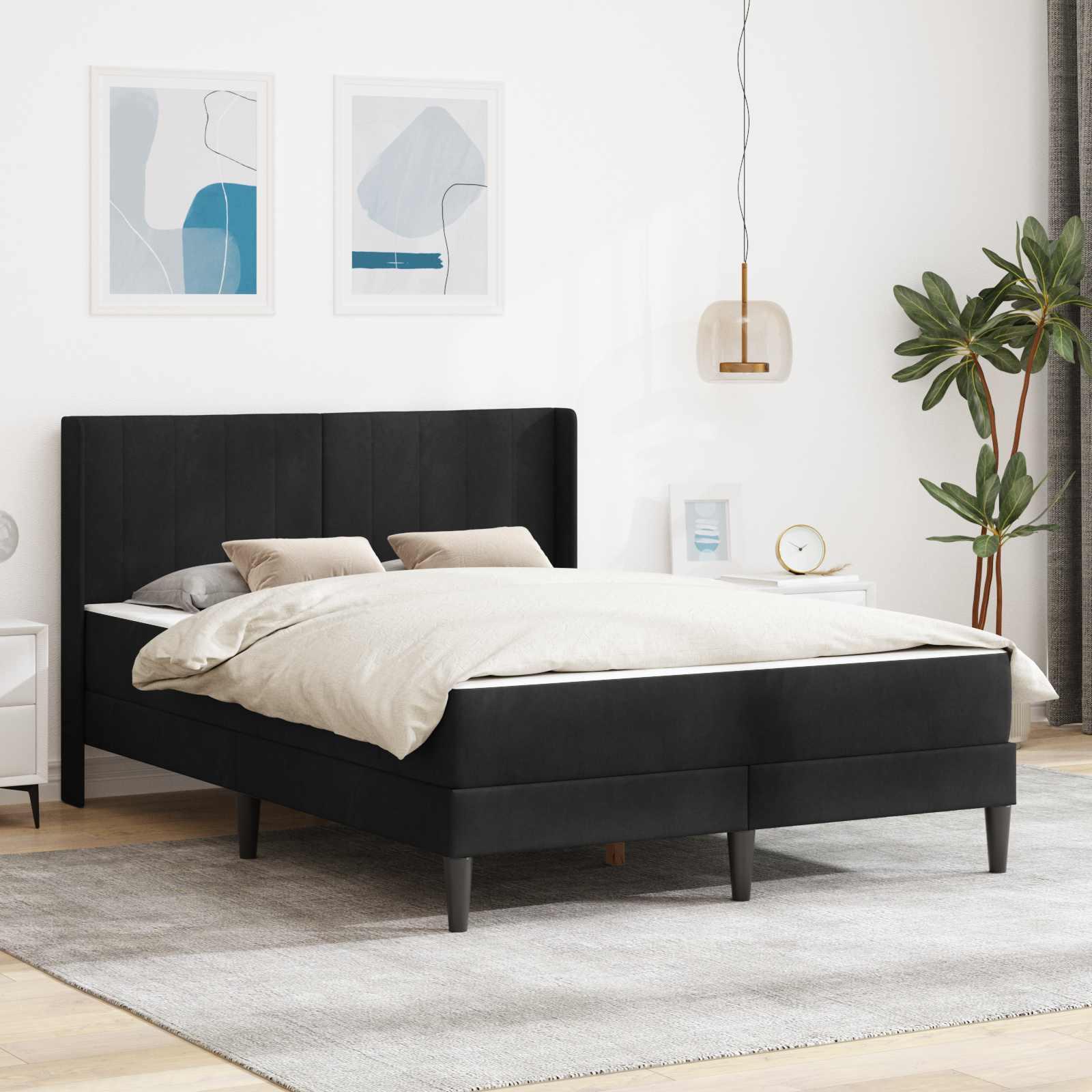 Sengeramme Med Madras Med Hovedgærde Fløjl - Sort / 160 x 200 cm