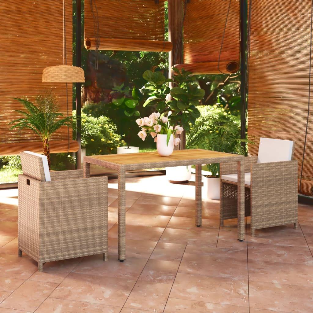 Spisebordssæt til haven 3 dele med hynder polyrattan beige