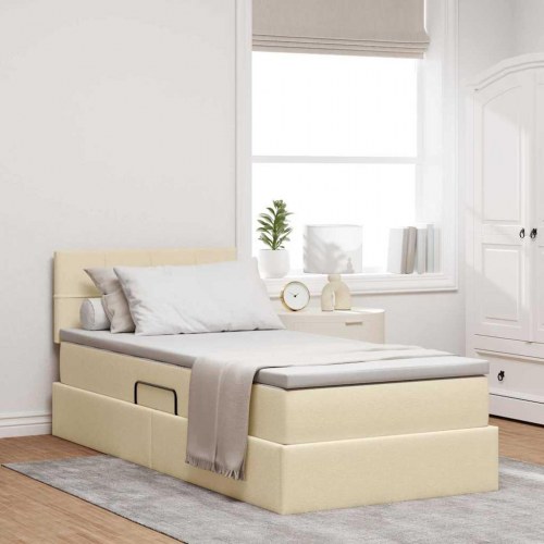 LED opbevaringsseng med madras - creme 100 x 200 cm, stof