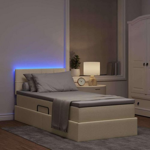 LED opbevaringsseng med madras - creme 100 x 200 cm, stof
