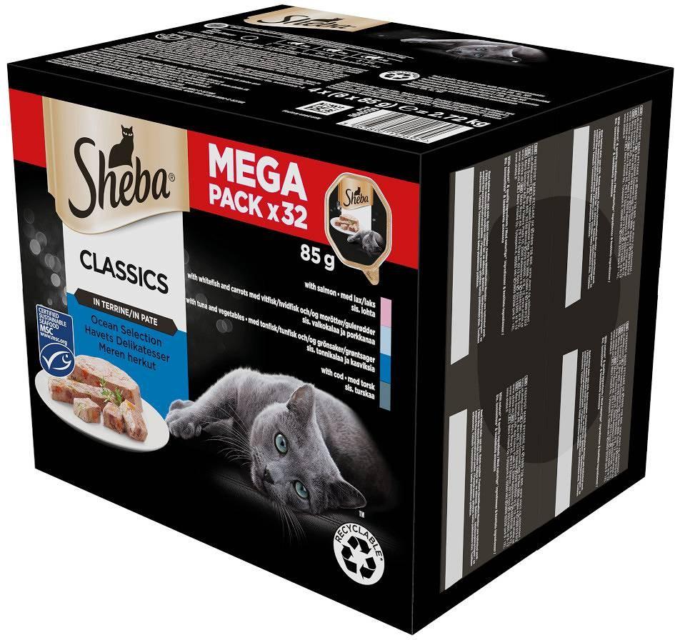 Sheba Classics Ocean Selection – vådfoder til kat, 32×85 g (laks, tun, torsk, hvid fisk)