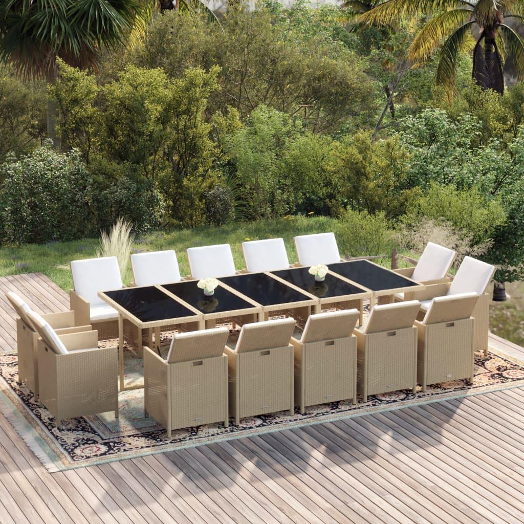 Spisebordssæt til haven 15 dele med hynder polyrattan beige