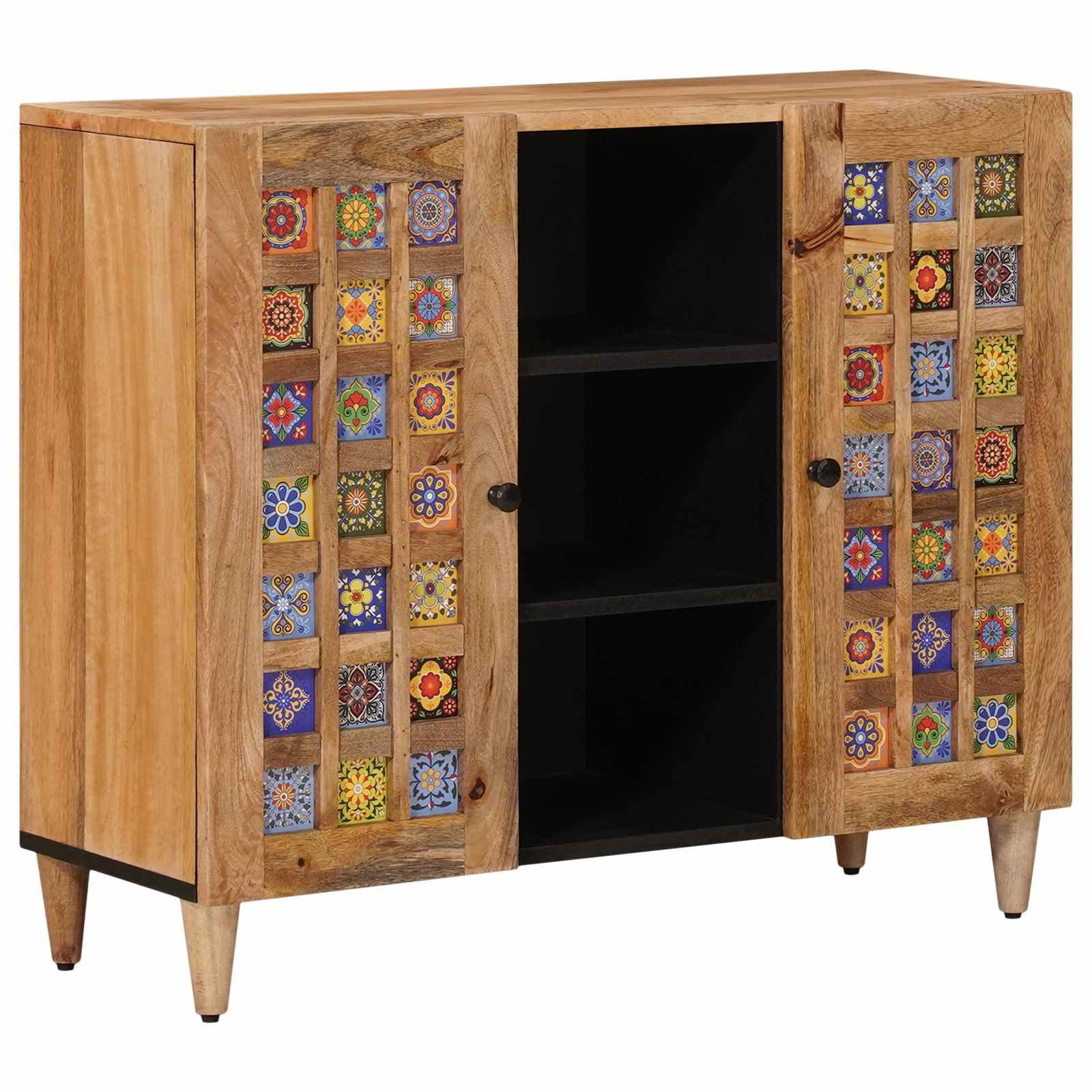 Sidebord med døre - natur, 90 × 33 × 75 cm i massivt mangotræ