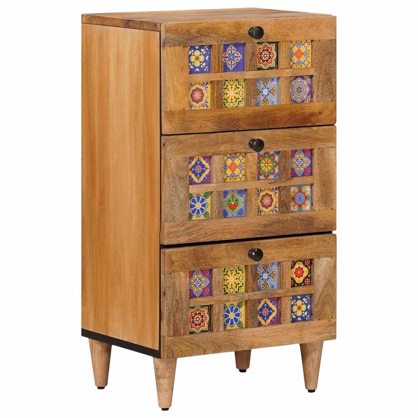 Sidebord i massivt mangotræ - natur, 40 × 33 × 75 cm, 3 skuffer