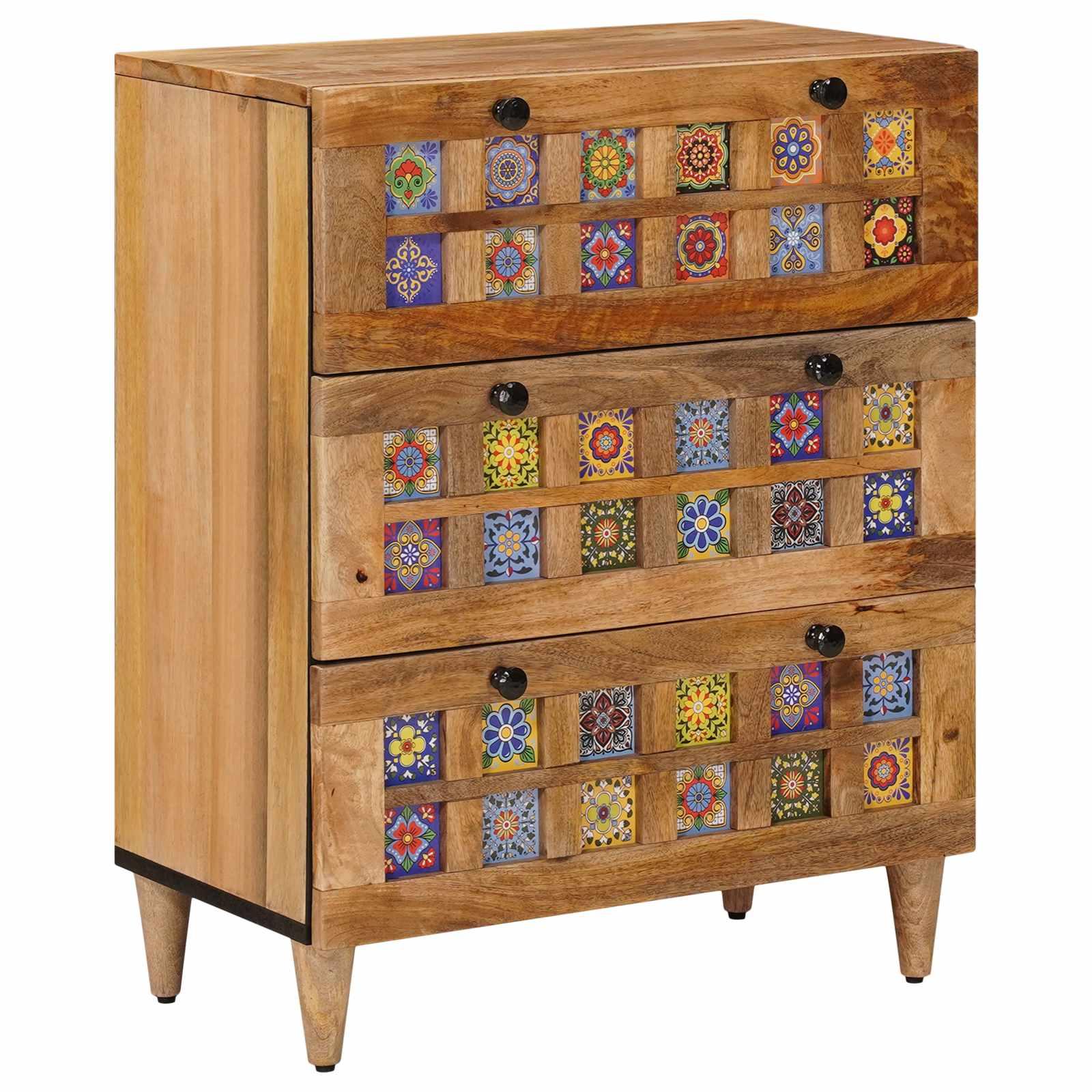 Sidebord i massivt mangotræ - natur, 60 × 33 × 75 cm med 3 skuffer