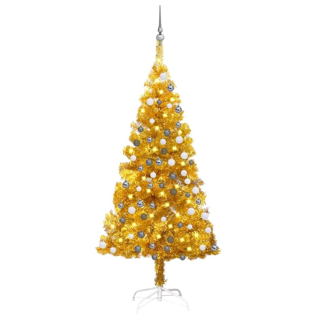 Kunstigt juletræ med lys og kuglesæt 150 cm PET guldfarvet