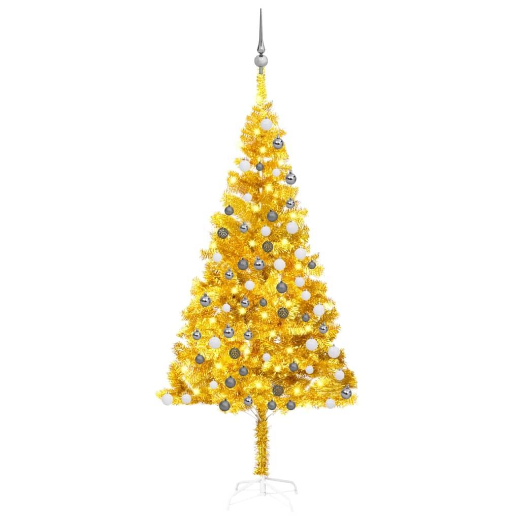 Kunstigt juletræ med lys og kuglesæt 180 cm PET guldfarvet