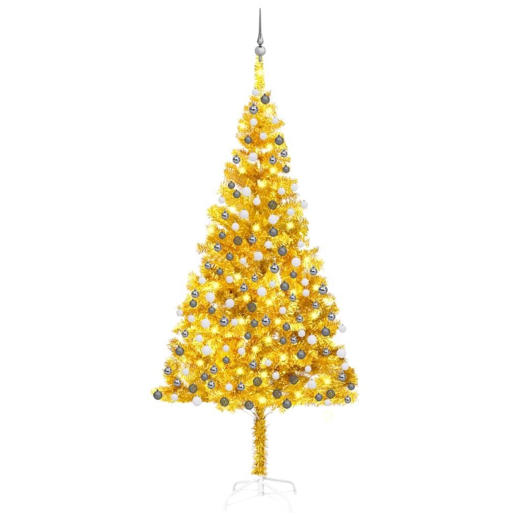 Kunstigt juletræ med lys og kuglesæt 210 cm PET guldfarvet