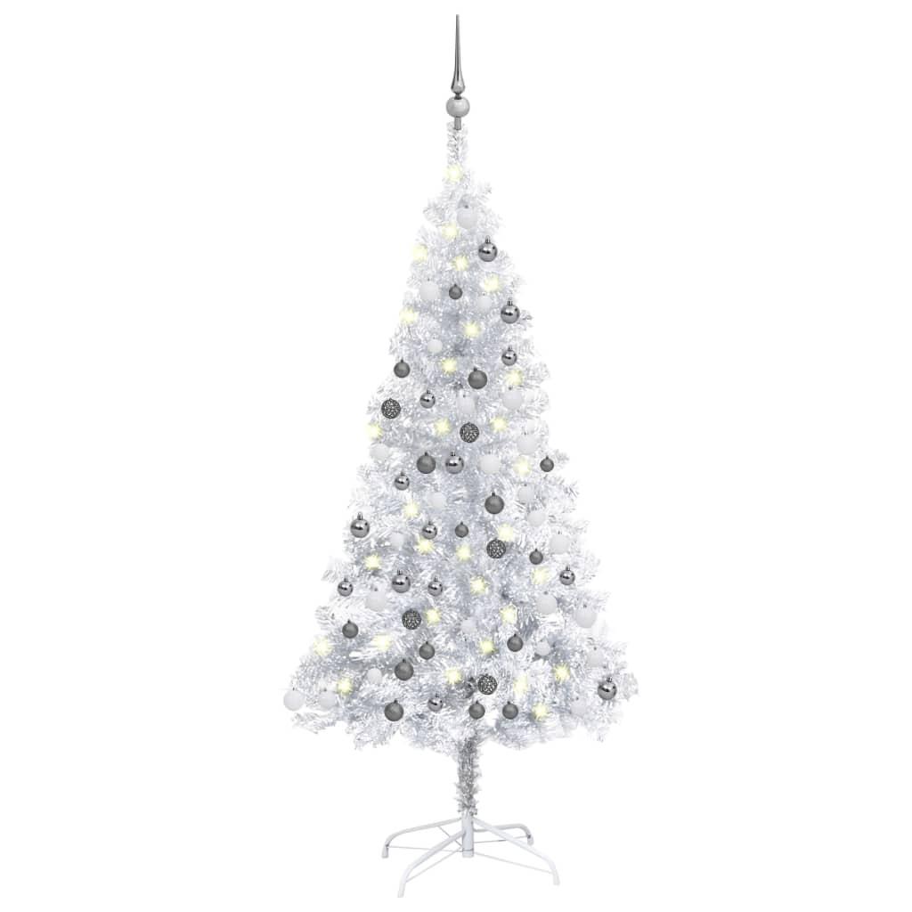 Kunstigt juletræ med lys og kuglesæt 120 cm PET sølvfarvet