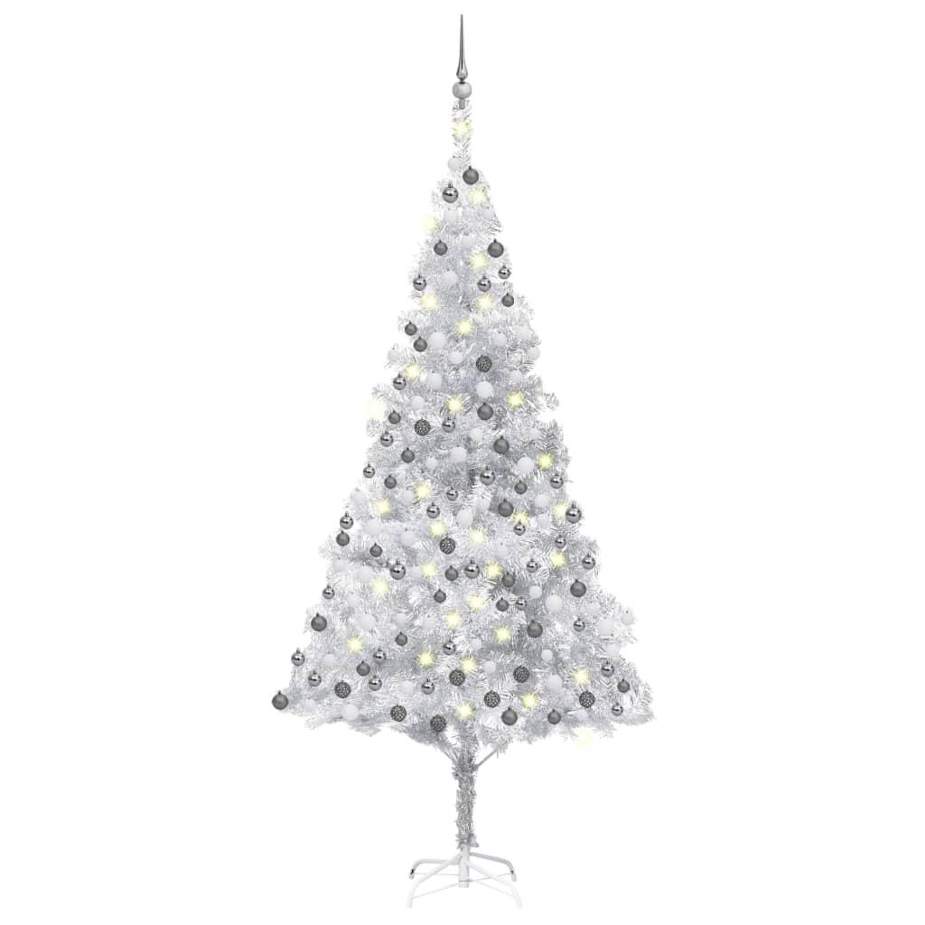 Kunstigt juletræ med lys og kuglesæt 210 cm PET sølvfarvet