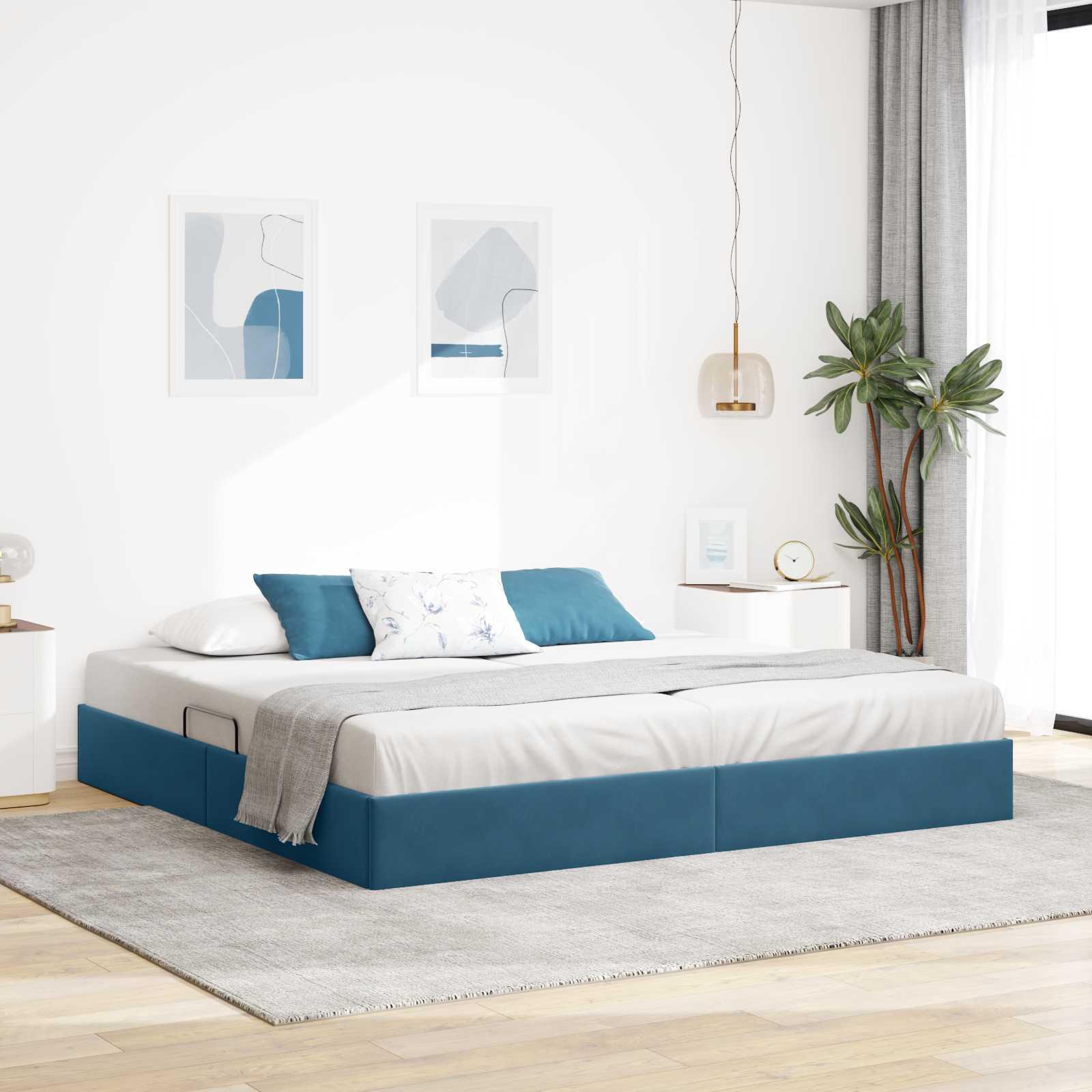 Ottoman Sengestel Med Opbevaring Fløjl - Mørkeblå / 200 x 200 cm