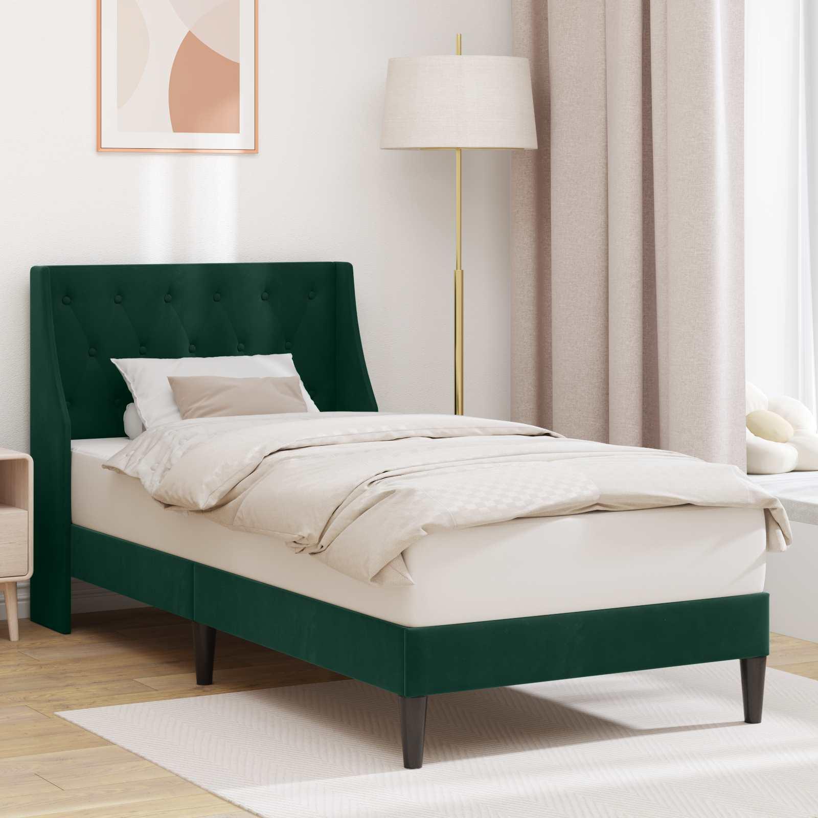 Sengestel med hovedgærde Mørkegrøn 90 x 190 cm Fløjl