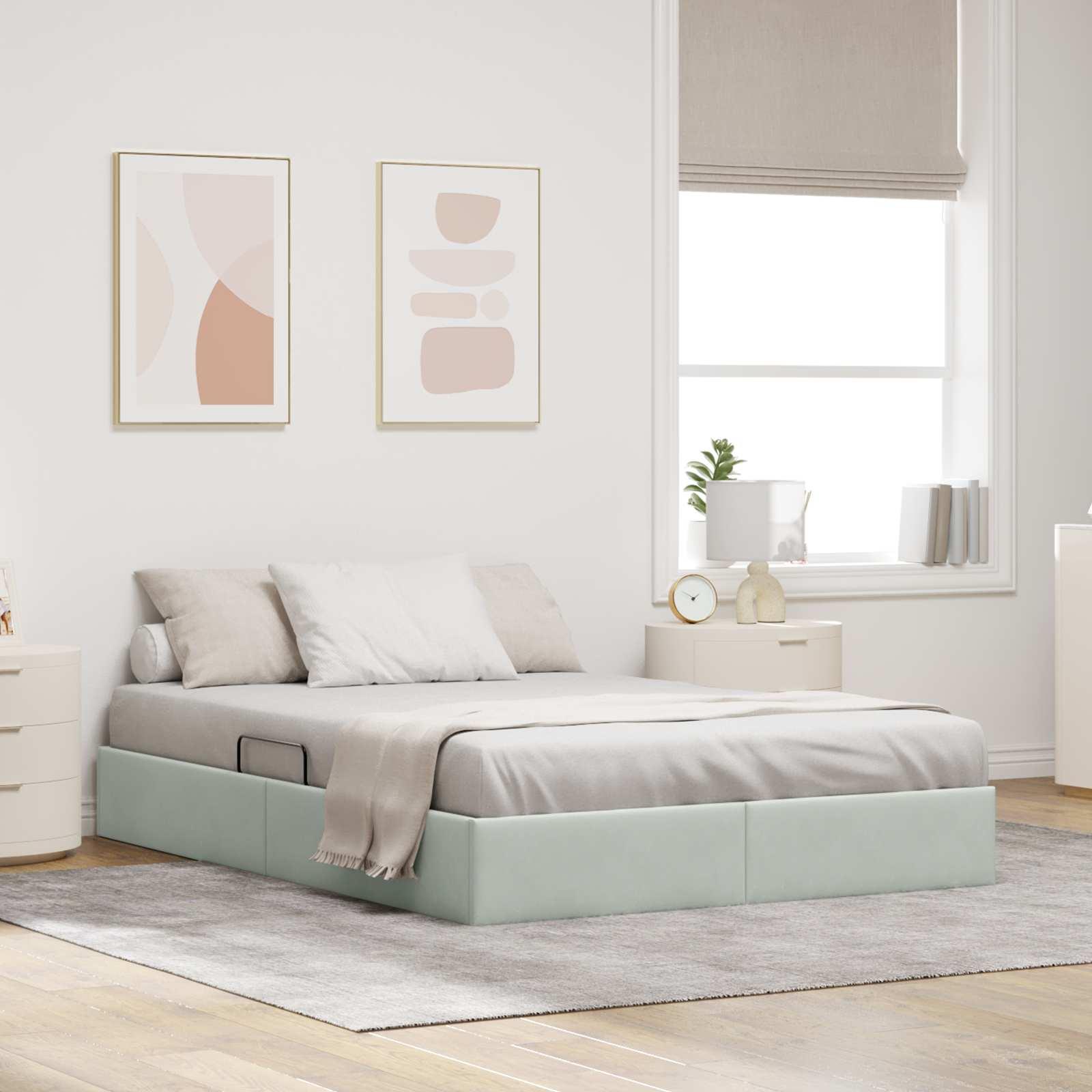 Ottoman Sengestel Med Opbevaring Fløjl - Lysegrå / 140 x 200 cm
