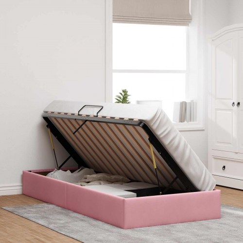 Ottoman sengestel med opbevaring 90 x 190 cm - lyserød fløjl