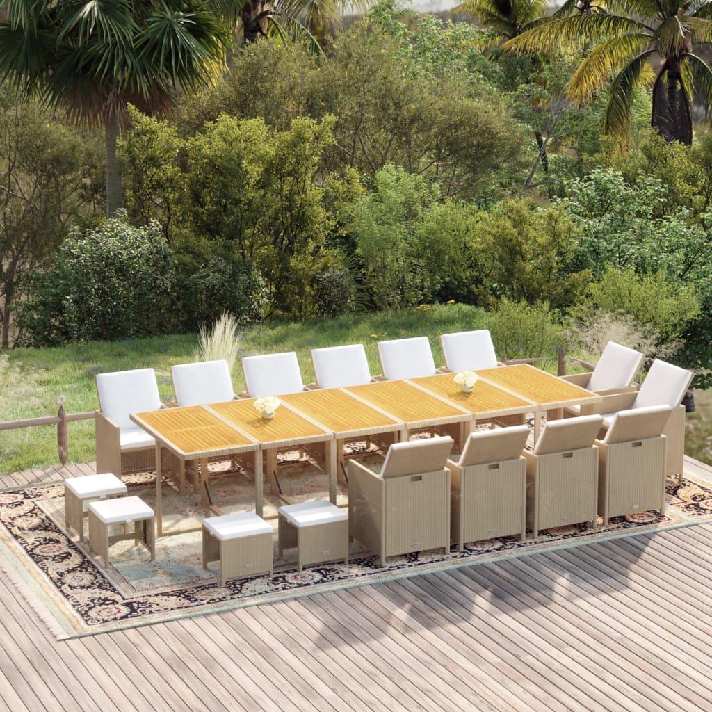 Spisebordssæt til haven 17 dele med hynder polyrattan beige