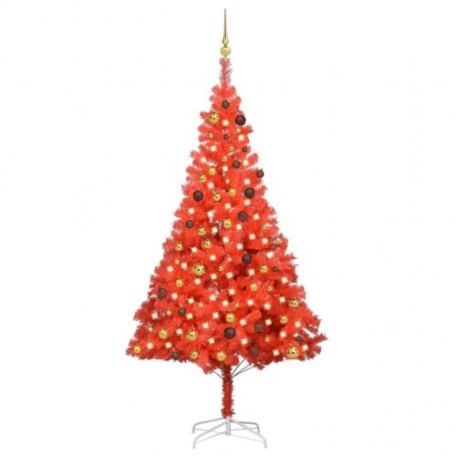 Kunstigt juletræ med lys og kuglesæt 210 cm PVC rød
