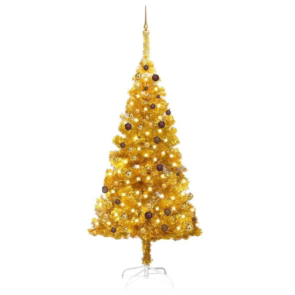 Kunstigt juletræ med lys og kuglesæt 210 cm PET guldfarvet
