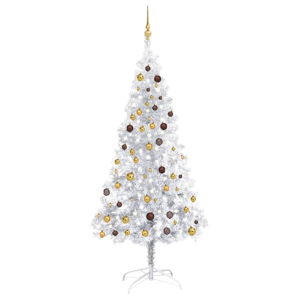 Billede af Kunstigt juletræ med lys og kuglesæt 210 cm PET sølvfarvet