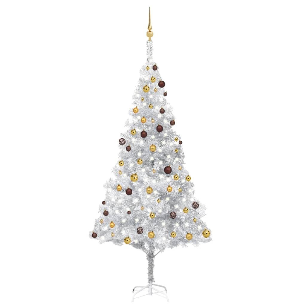 Kunstigt juletræ med lys og kuglesæt 240 cm PET sølvfarvet