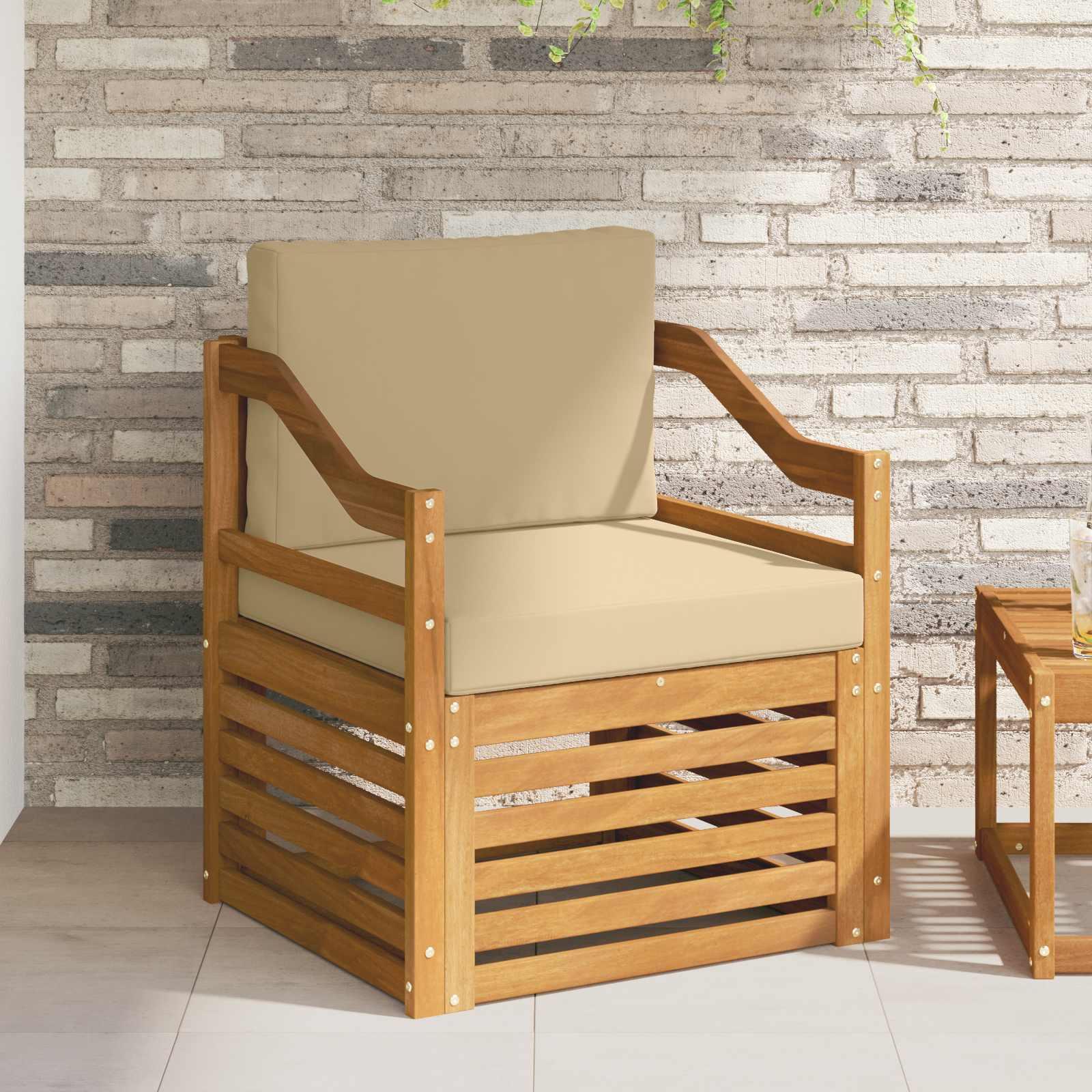 Udendørs modulsofa i akacietræ med beige puder - naturfarvet loungeelement