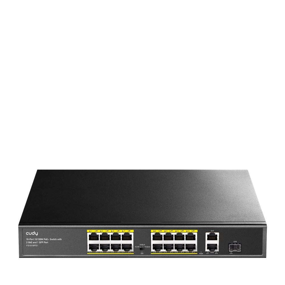 Cudy FS1018PS1 PoE switch – 16x Fast Ethernet, 2x Gigabit uplink, 1x SFP, grå