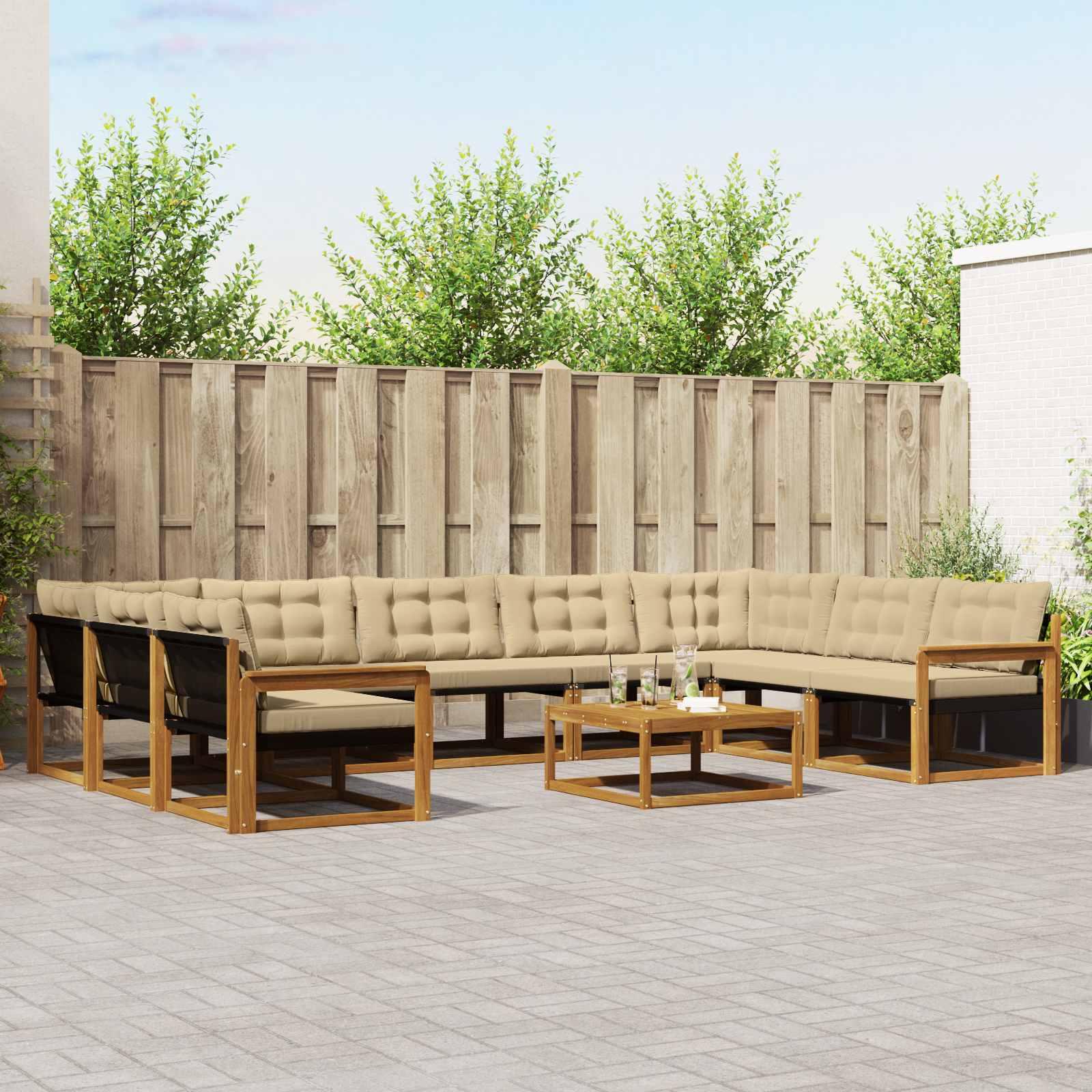 Udendørs sofagruppe i akacietræ med beige puder - modulopbygget, 10 dele