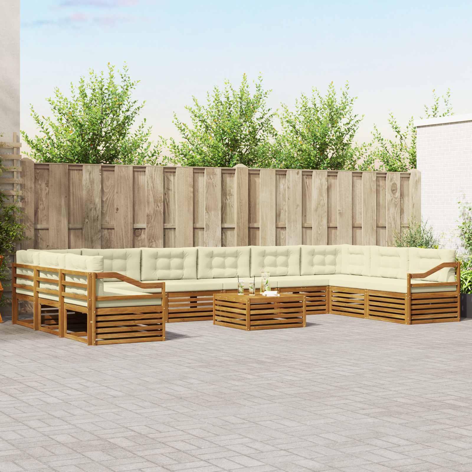 Sofasæt til terrasse med puder, 11 dele - naturlig/fløde, massivt akacietræ