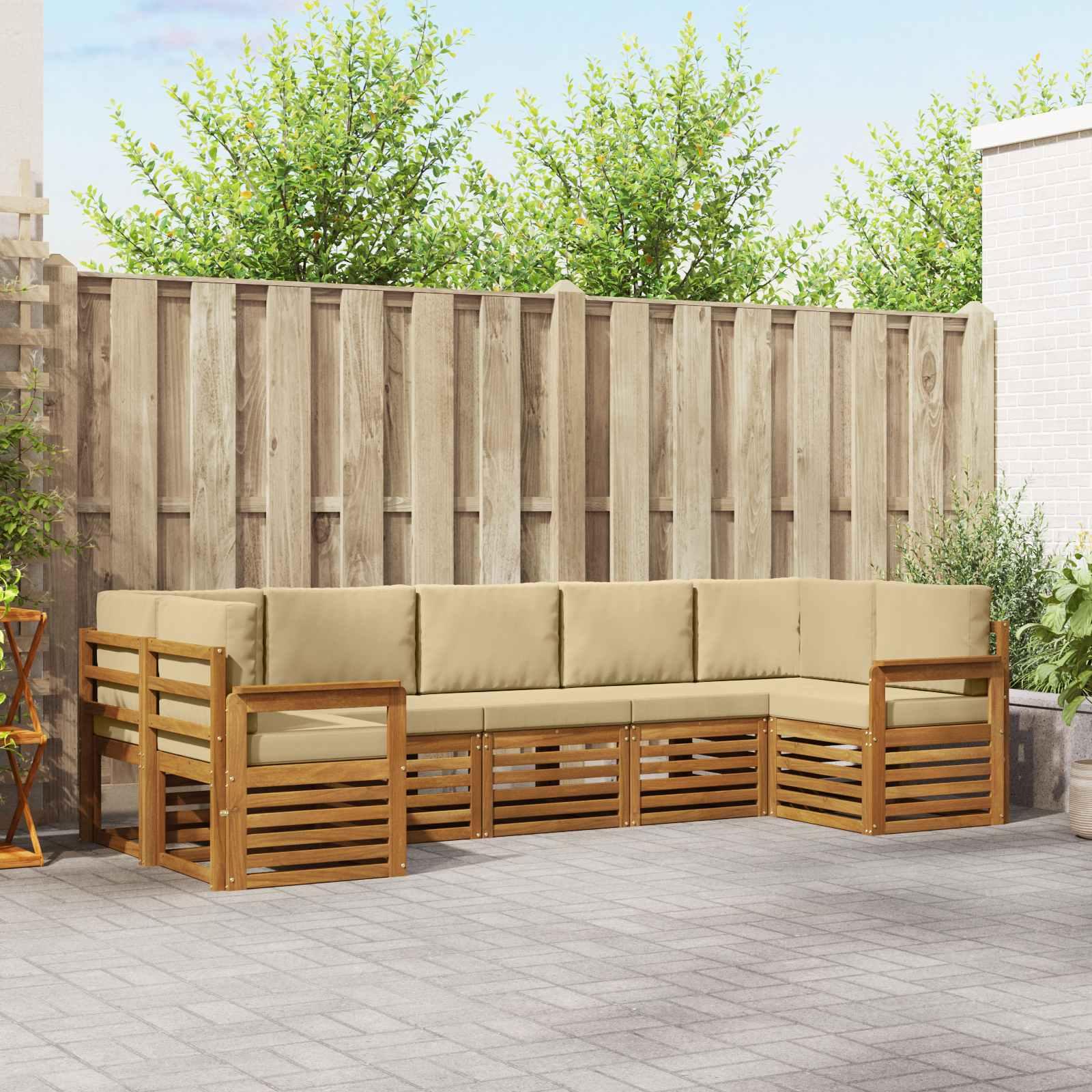 Sektionalsofa sæt i akacietræ med puder, 7 dele - naturlig/beige