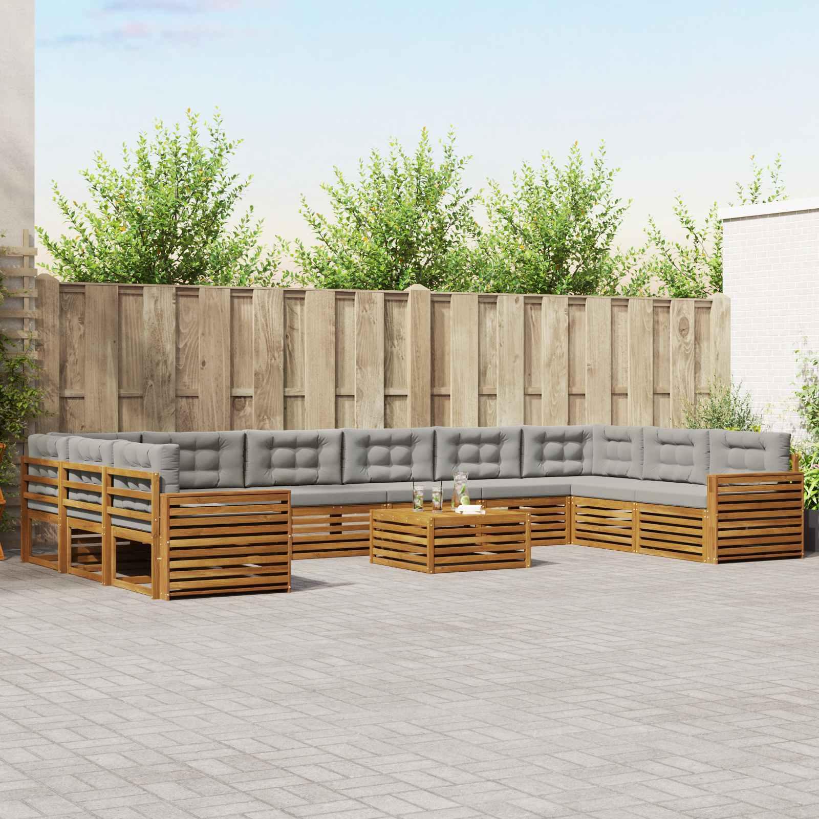 Sofasæt til terrasse med puder, 11 dele - naturlig/lys grå, massivt akacietræ