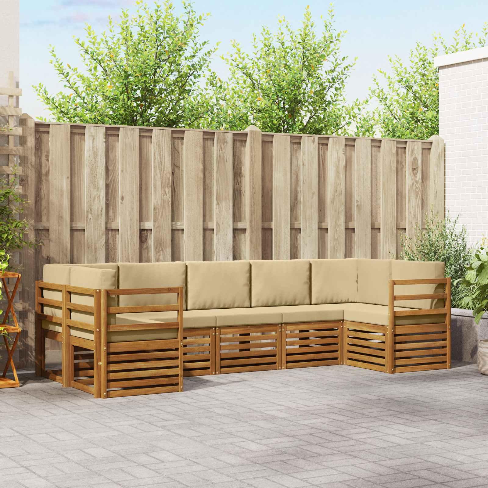Sektionalsofa sæt i akacietræ med puder, 7 dele - naturlig/beige