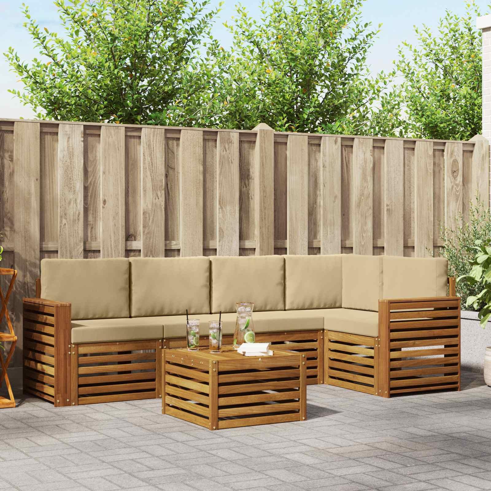 Sofasæt Med Pude 6 Dele Naturlig Og Beige Massivt Akacietræ - Naturlig og beige / Bred flad